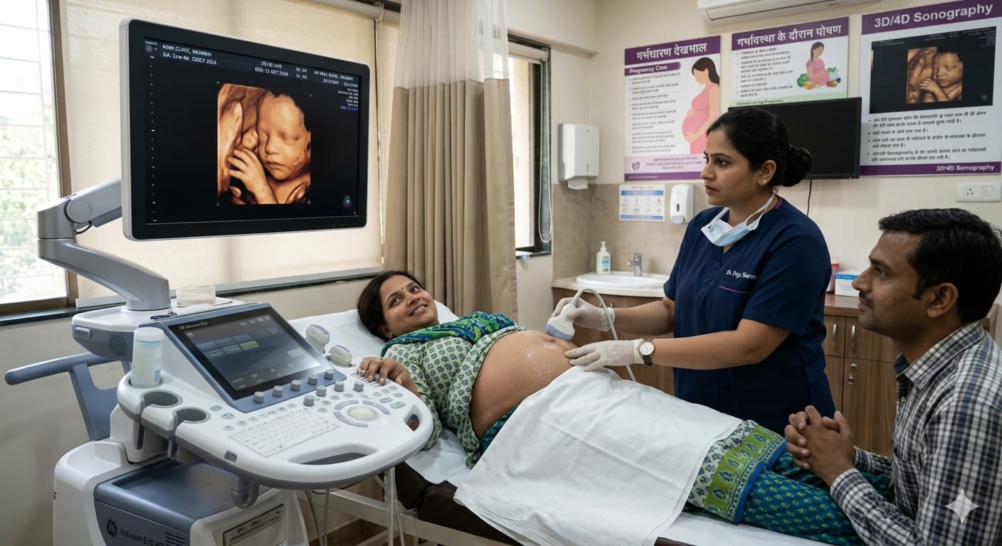 A pregnant woman receiving a 3D/4D ultrasound scan from a female doctor in a clinical setting, with a clear 3D image of the fetus displayed on a large monitor