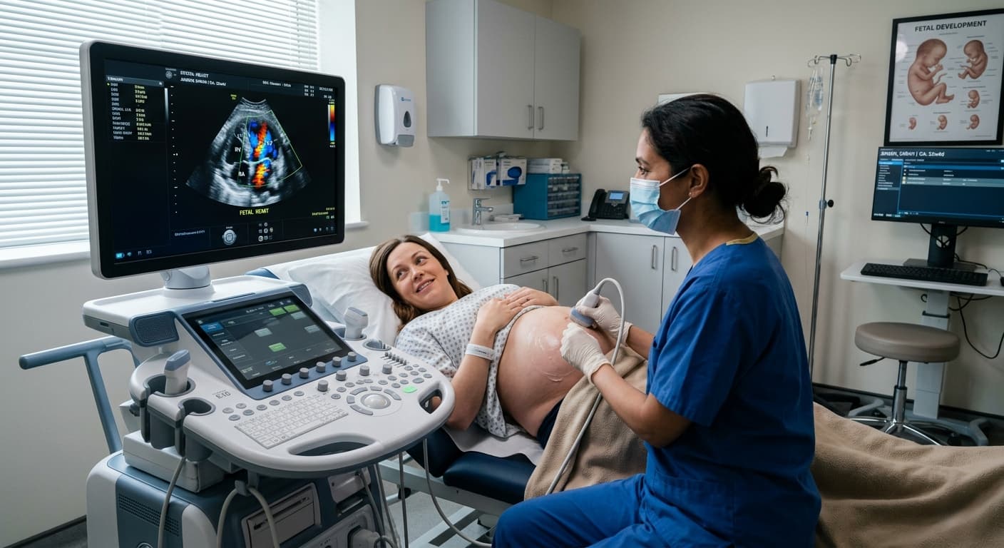 Female radiologist performing a fetal echocardiography ultrasound with color Doppler on a pregnant patient in a clinic.