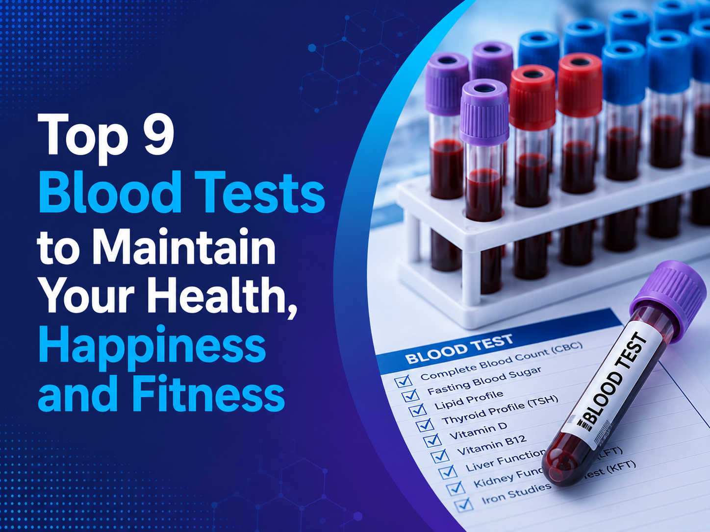 Comprehensive blood testing illustration showing blood sample analysis, laboratory diagnostics, health screening, and fitness monitoring for overall wellness.