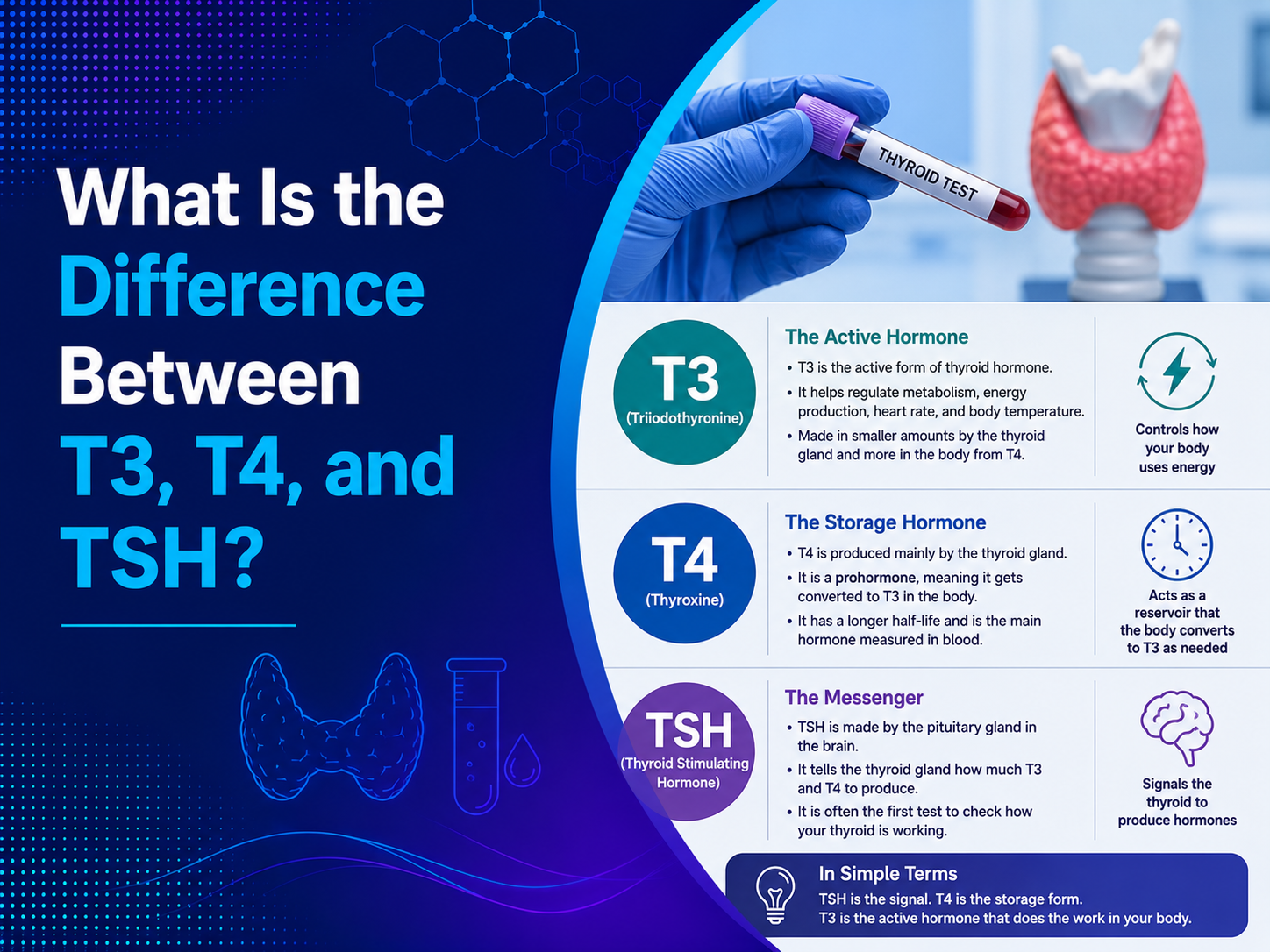 Comparison of T3, T4 and TSH thyroid hormones explaining their roles in thyroid function testing at Ultrascan Diagnostics Indore